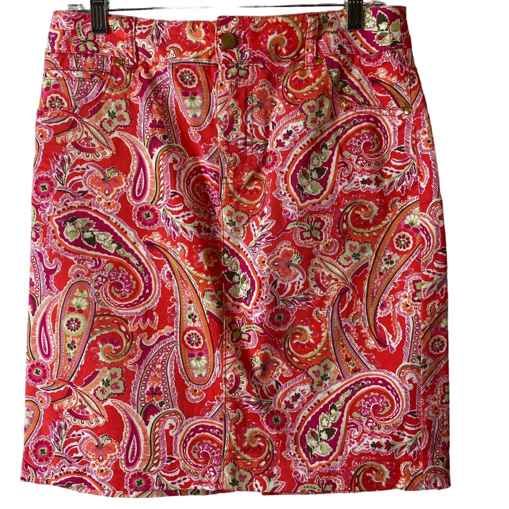 Jones New York Sport Stretch paisley 4 denim skirt orange pink 30 x 21